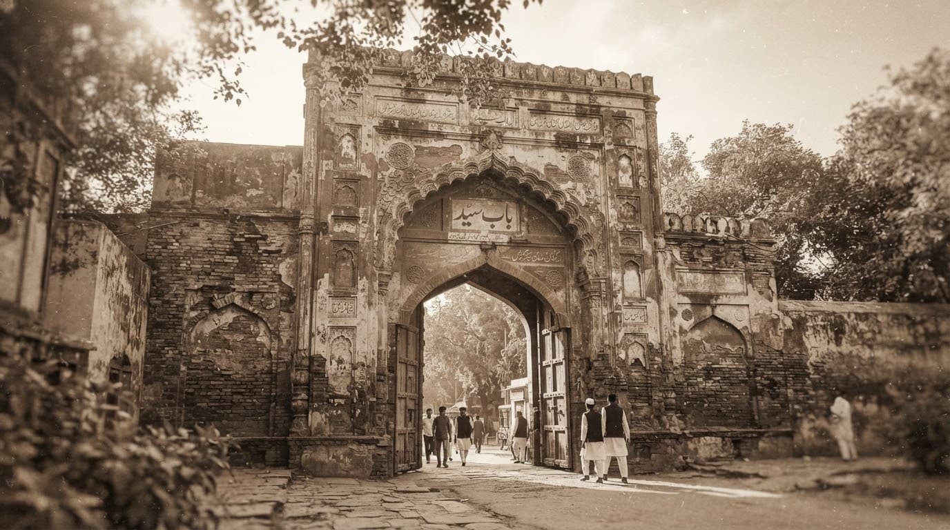 A warm, sepia-toned archival photograph capturing an ancient, weathered brick gateway in Aligarh